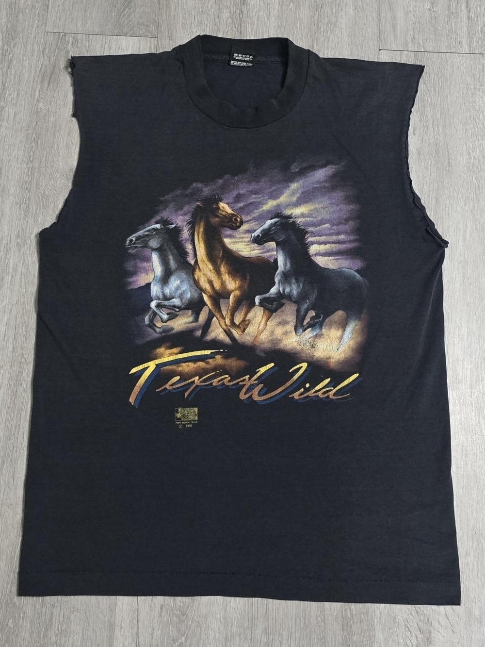 Vintage 1991 Texas Wild Horse Cut Sleeve Black Tee Size Large